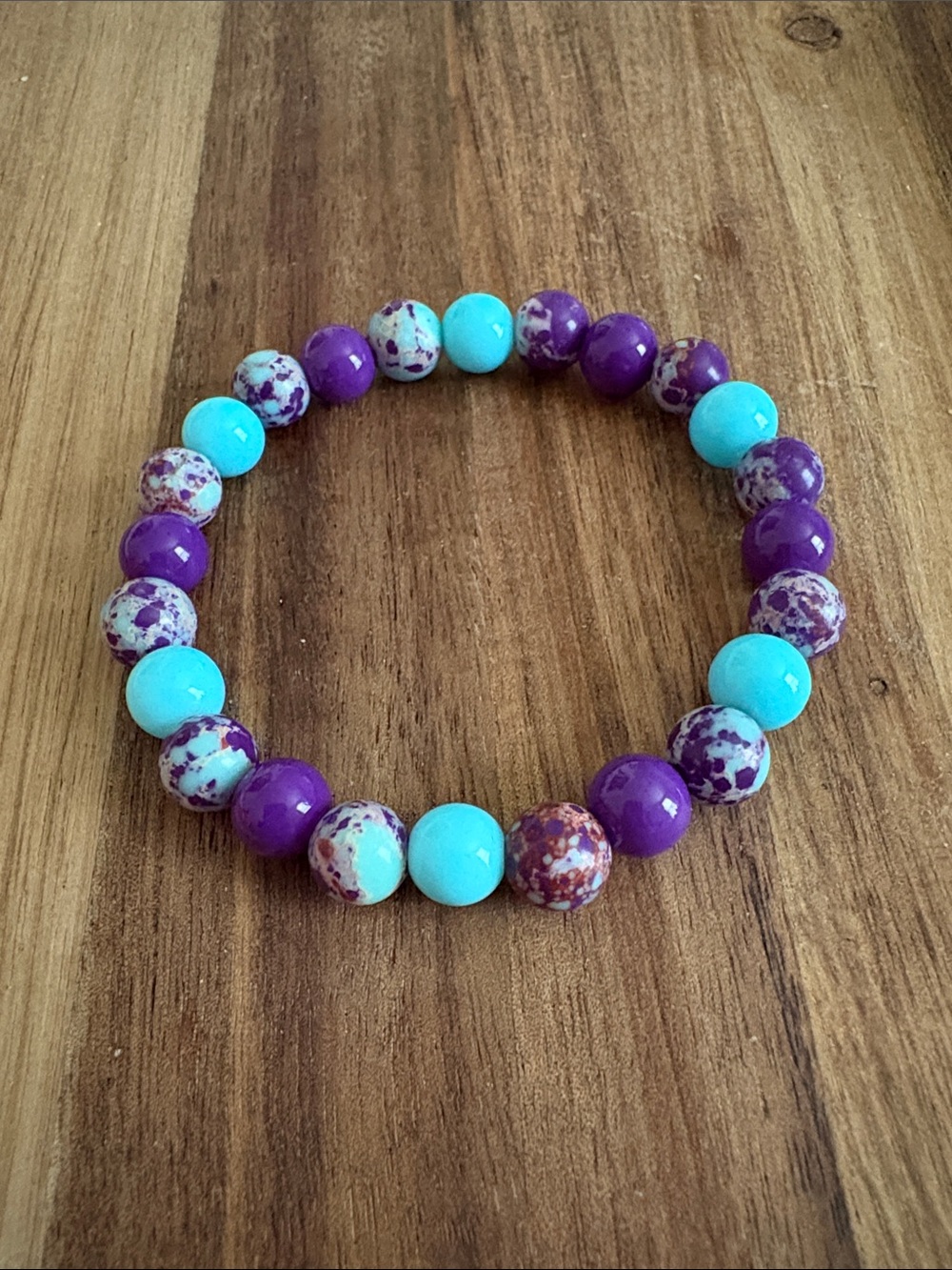 Handmade Beaded Stretch Bracelet in Turquoise & Purple